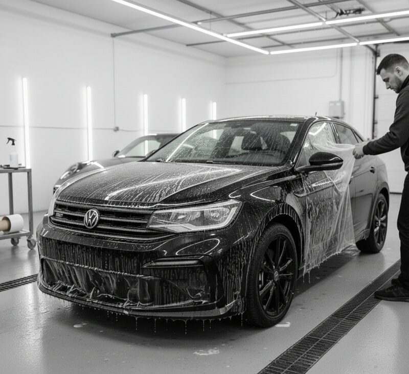 Superfície do veículo protegida por película automotiva